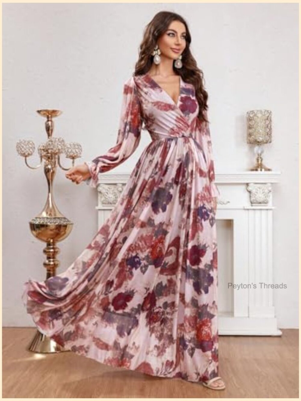 Bohemian V Neck Long Sleeve Ruffle Floral Maxi Dress - Summer - Picture 5 of 6